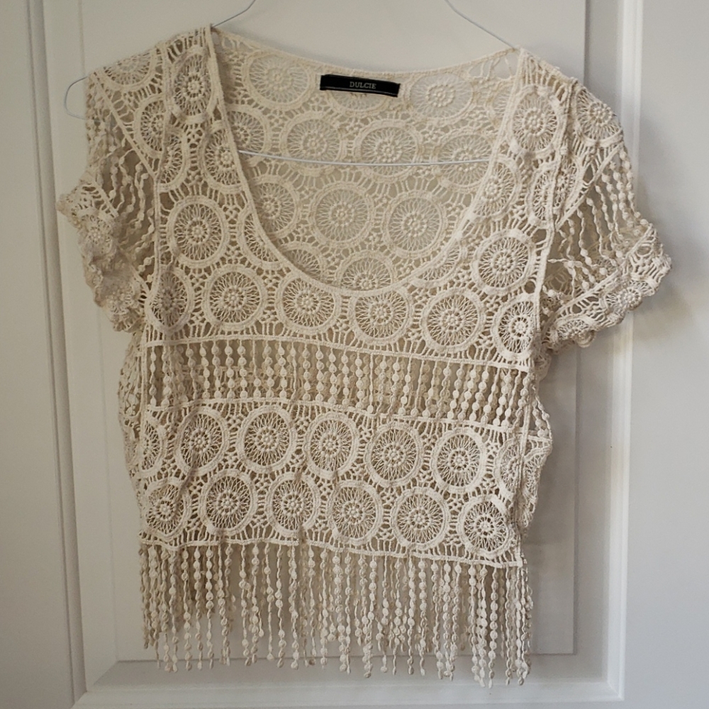 Dulcie Crochet Lace Top with Fringe size small